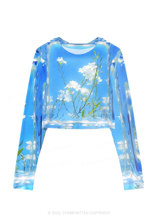 White Flowers Y2K Mesh Long Sleeve Crop Top Cherrykitten