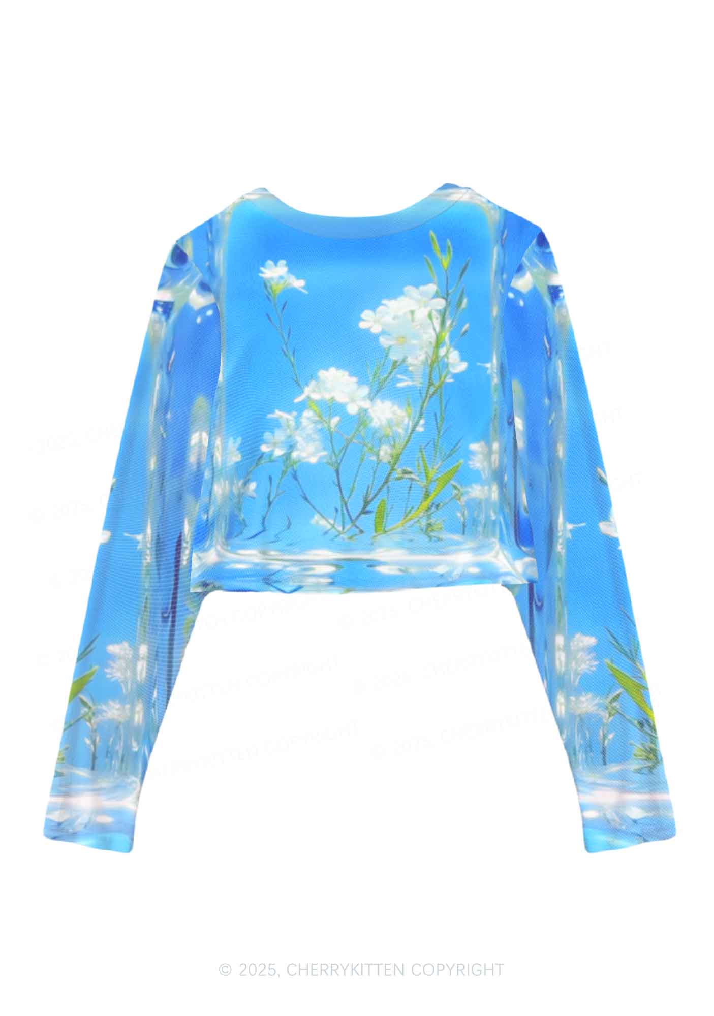 White Flowers Y2K Mesh Long Sleeve Crop Top Cherrykitten