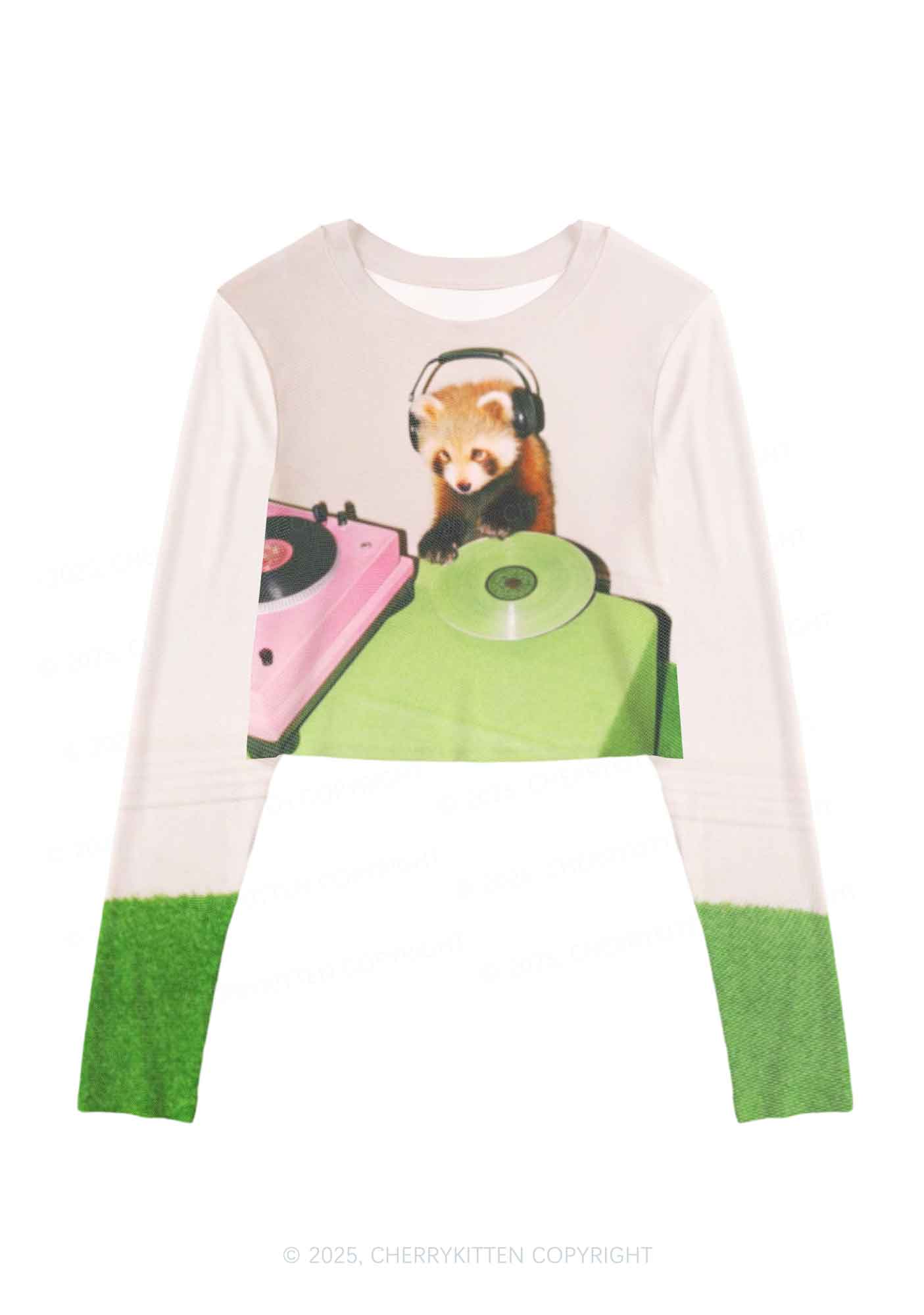 Red Panda DJ Y2K Mesh Long Sleeve Crop Top Cherrykitten