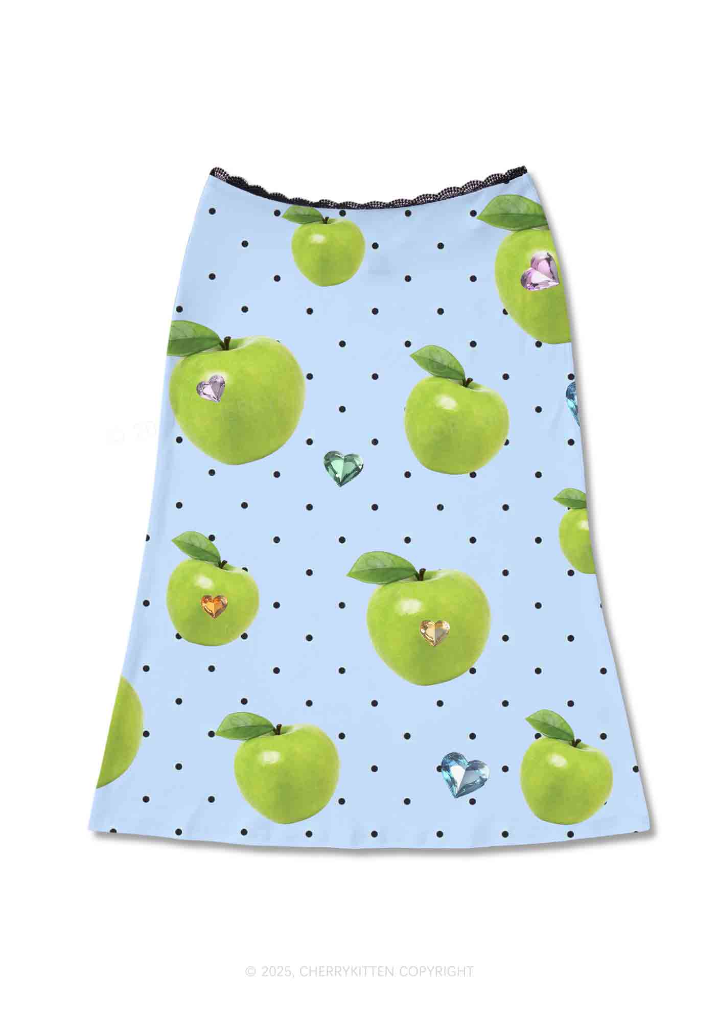 Chic Green Apple Y2K Print Midi Skirt Cherrykitten