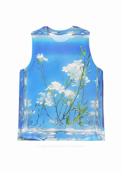 White Flowers Y2K Mesh Muscle Tank Cherrykitten