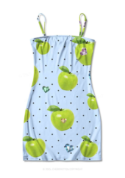 Chic Green Apple Y2K Print Slip Dress Cherrykitten