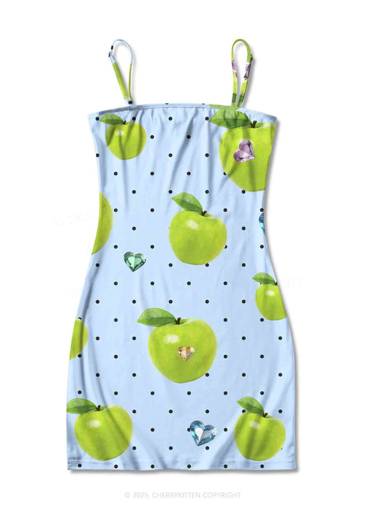 Chic Green Apple Y2K Print Slip Dress Cherrykitten
