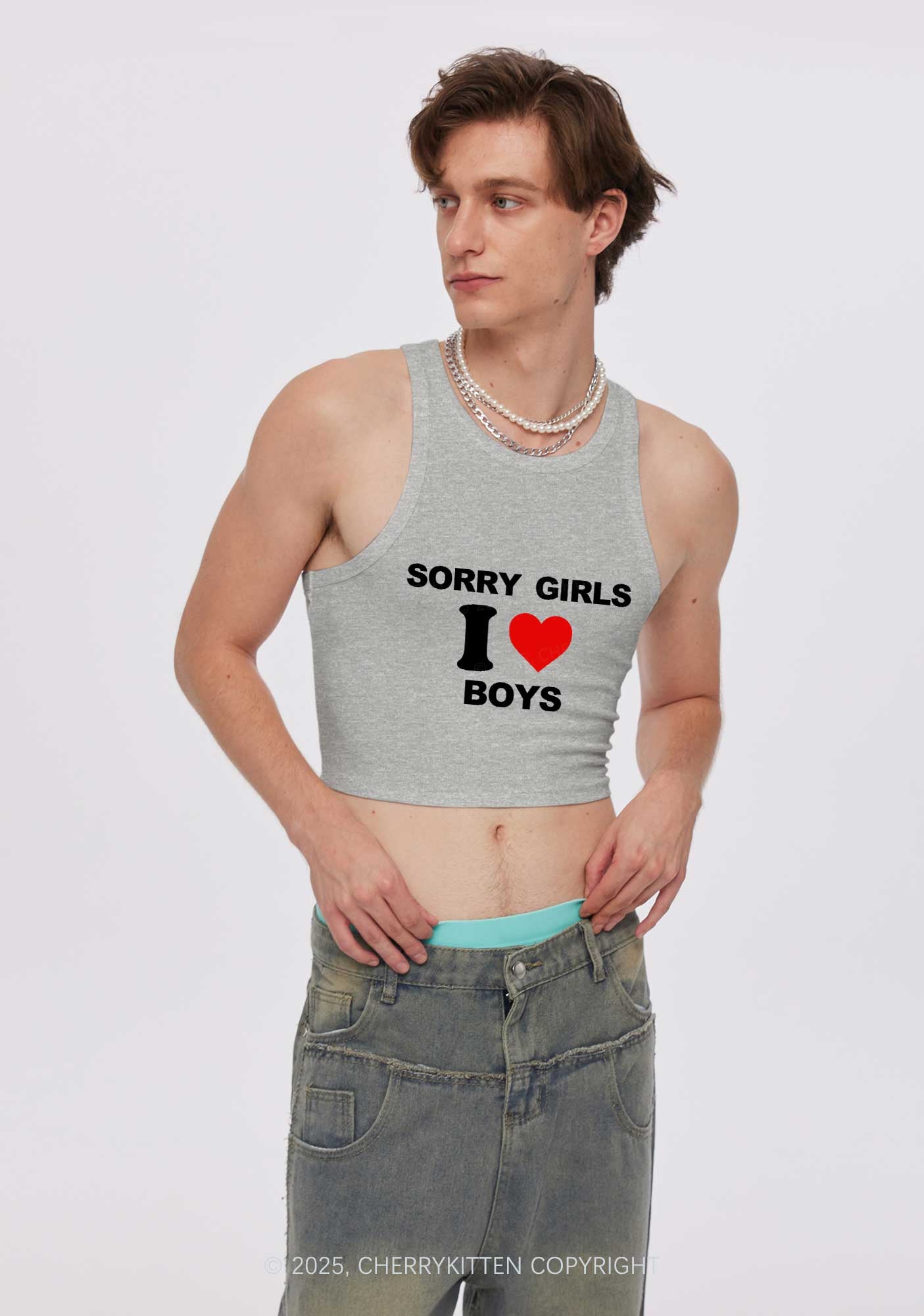 Sorry Girls I Love Boys Pride Y2K Crop Tank Top Cherrykitten
