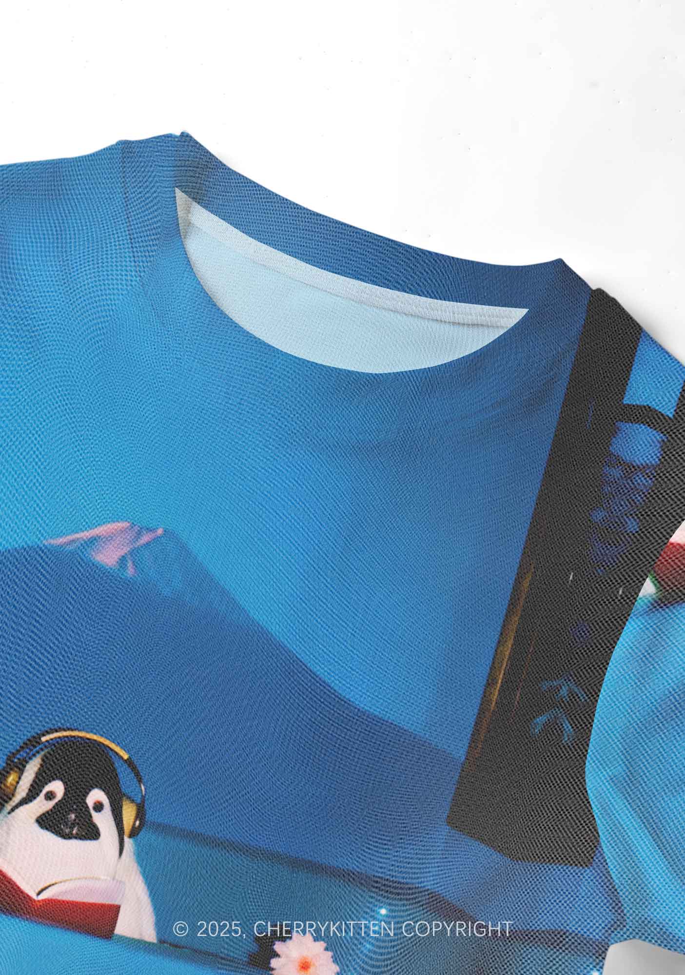 Penguin Reading Book Y2K Mesh Crop Top Cherrykitten