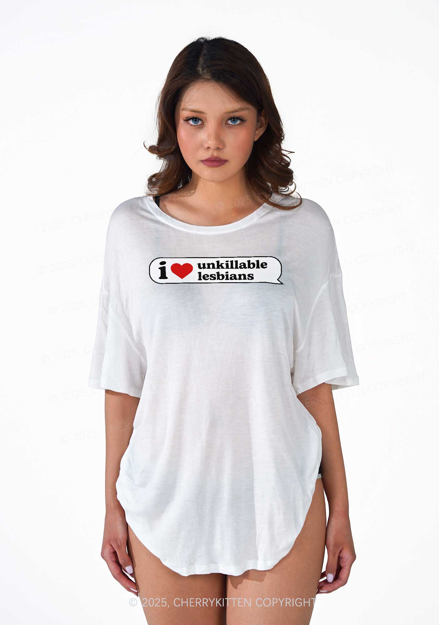 I Love Unkillable Lesbians Pride Y2K Sheer Boyfriend Tee Cherrykitten