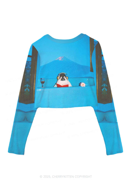 Penguin Reading Book Y2K Mesh Long Sleeve Crop Top Cherrykitten