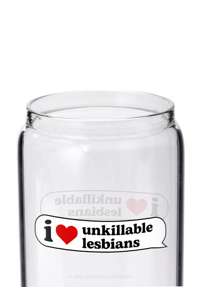 I Love Unkillable Lesbians Pride Y2K Printed Glass Cup Cherrykitten