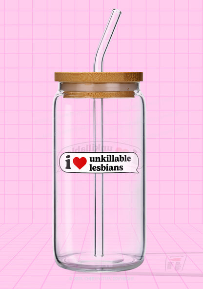 I Love Unkillable Lesbians Pride Y2K Printed Glass Cup Cherrykitten