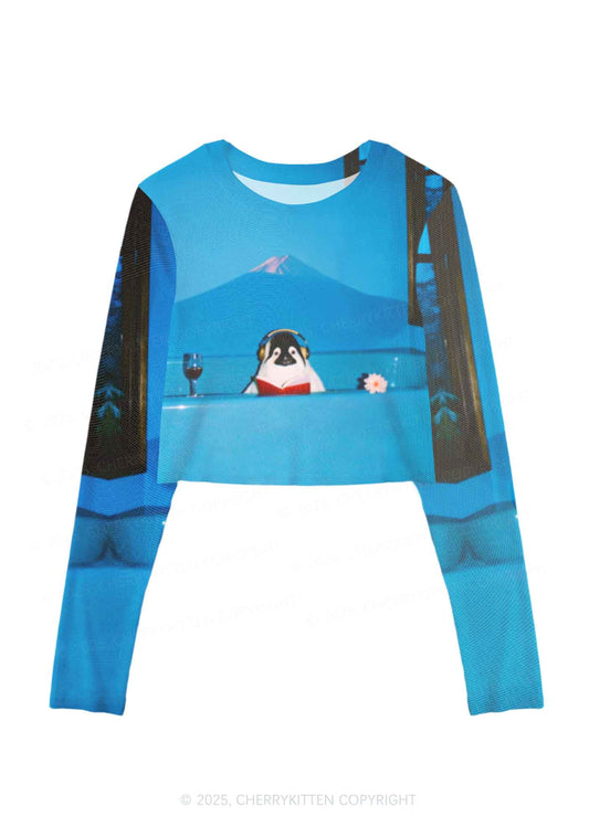 Penguin Reading Book Y2K Mesh Long Sleeve Crop Top Cherrykitten