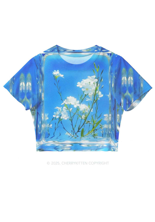 White Flowers Y2K Mesh Crop Top Cherrykitten