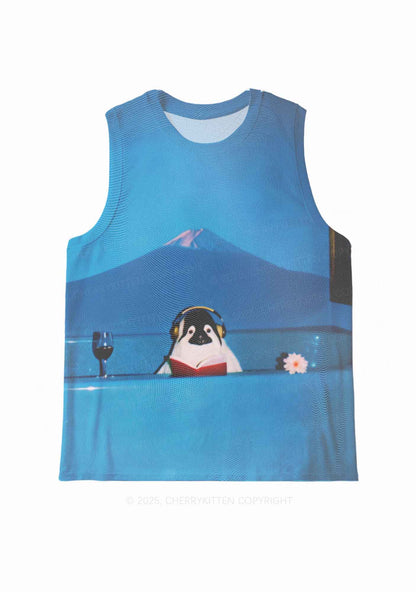 Penguin Reading Book Y2K Mesh Muscle Tank Cherrykitten