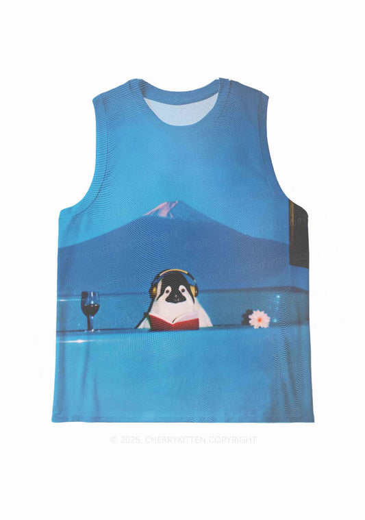 Penguin Reading Book Y2K Mesh Muscle Tank Cherrykitten
