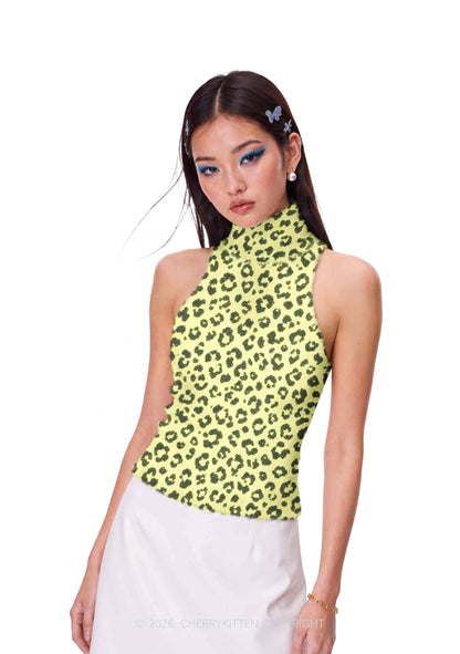 Light Yellow Leopard Y2K Knit Turtleneck Tank Top Cherrykitten