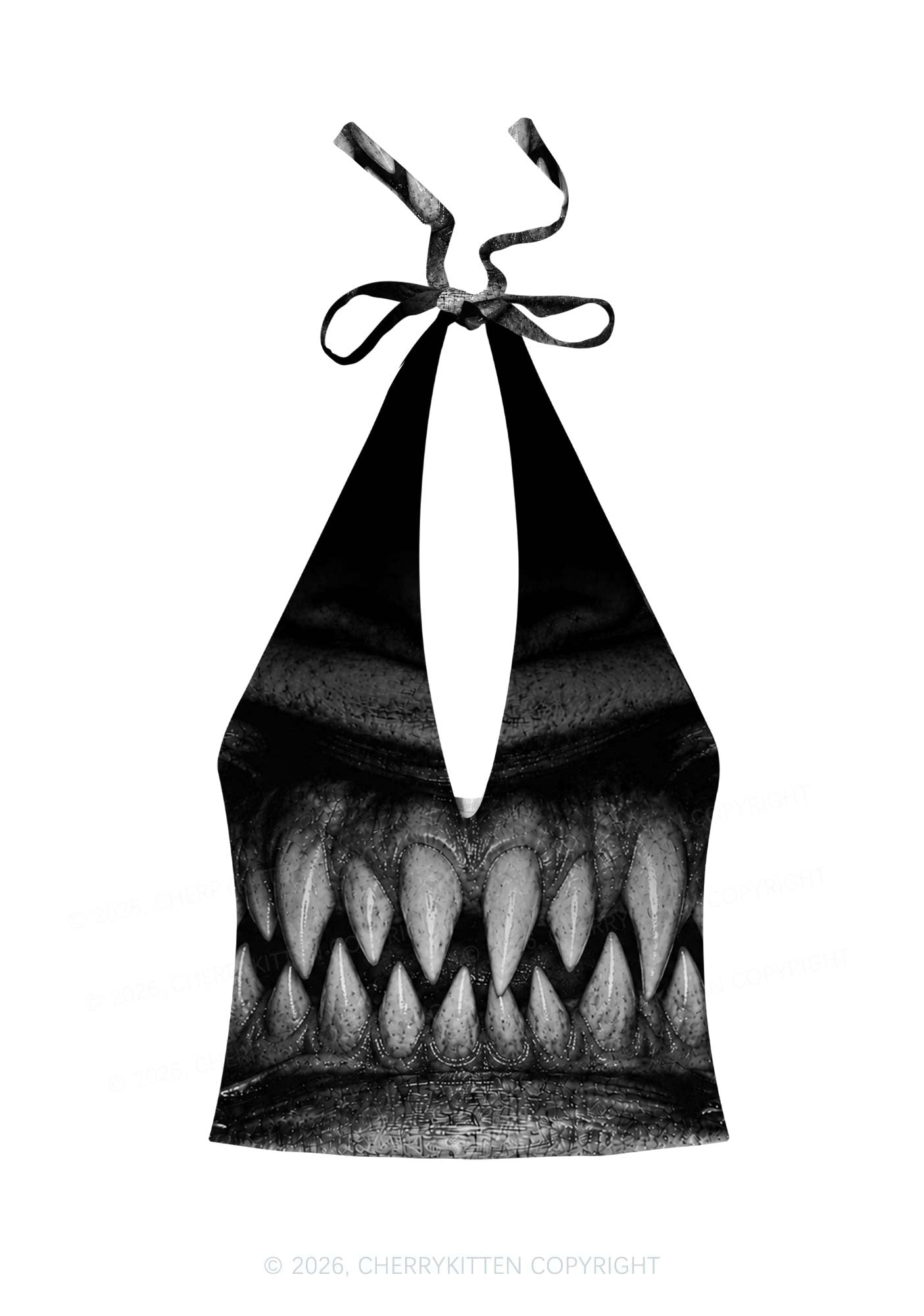 Halloween Monster Sharp Fangs Y2K Print Halter Deep V Neck Cami Cherrykitten