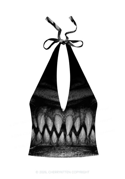Halloween Monster Sharp Fangs Y2K Print Halter Deep V Neck Cami Cherrykitten