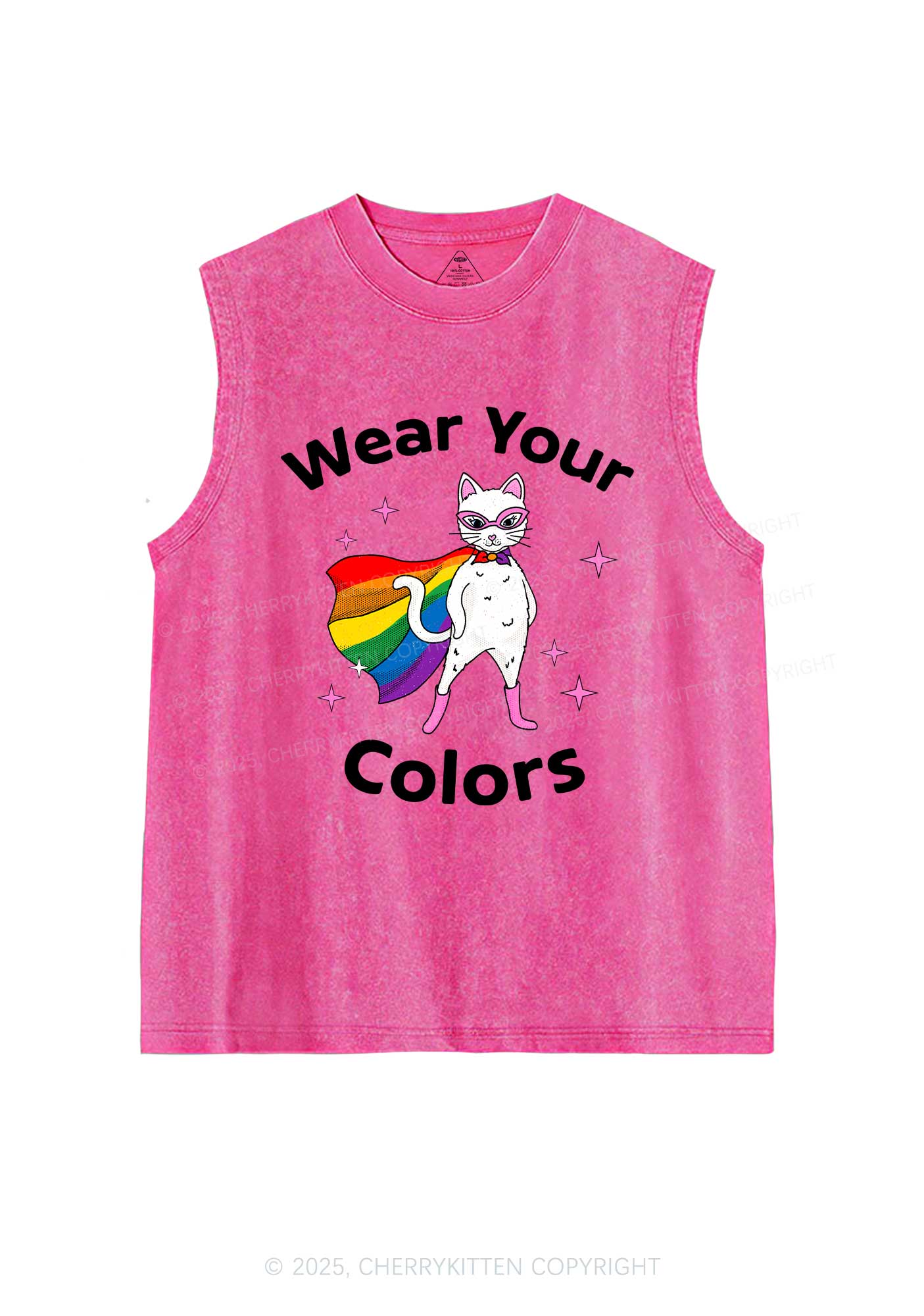 Pride Flag Cat Y2K Washed Muscle Tank Cherrykitten