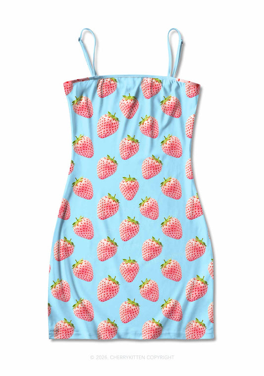 Pastel Pink Strawberry Y2K Print Slip Dress Cherrykitten