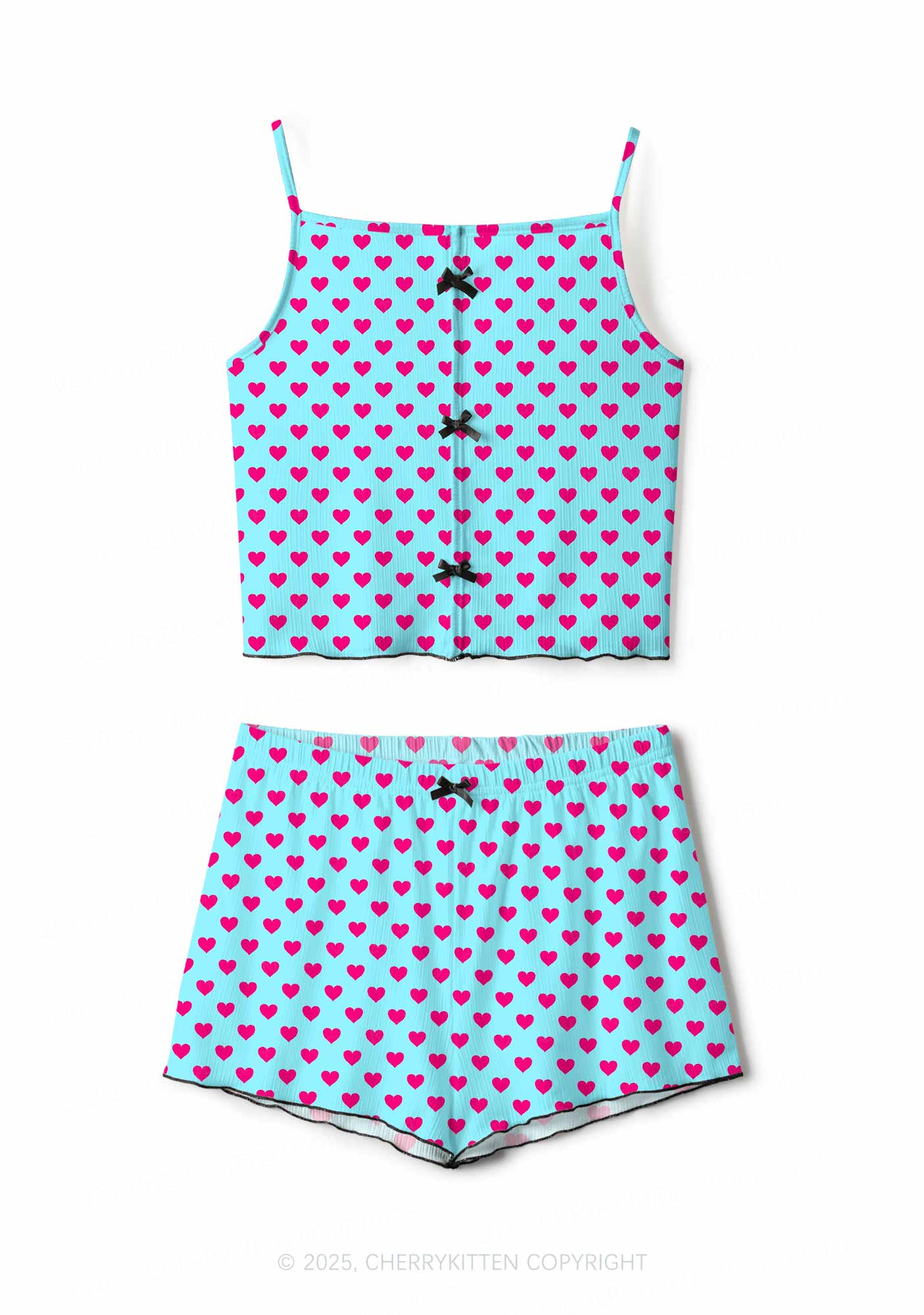 Pink Heart On Blue Valentine's Day Y2K Print Cami Shorts Pajama Set Cherrykitten
