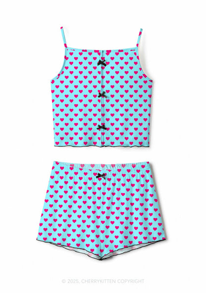 Pink Heart On Blue Valentine's Day Y2K Print Cami Shorts Pajama Set Cherrykitten
