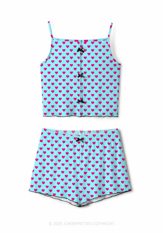 Pink Heart On Blue Valentine's Day Y2K Print Cami Shorts Pajama Set Cherrykitten
