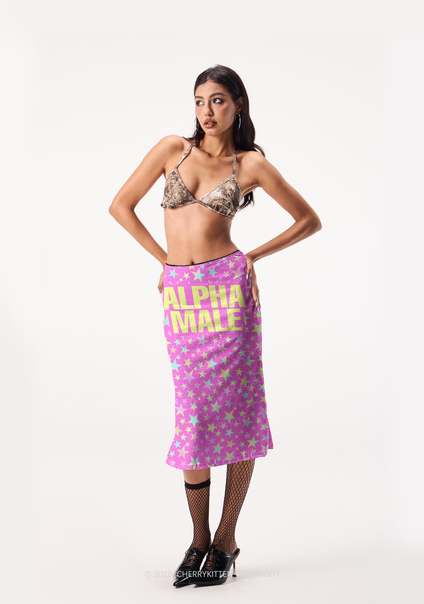 Hot Pink Alpha Male Pride Y2K Print Midi Skirt Cherrykitten