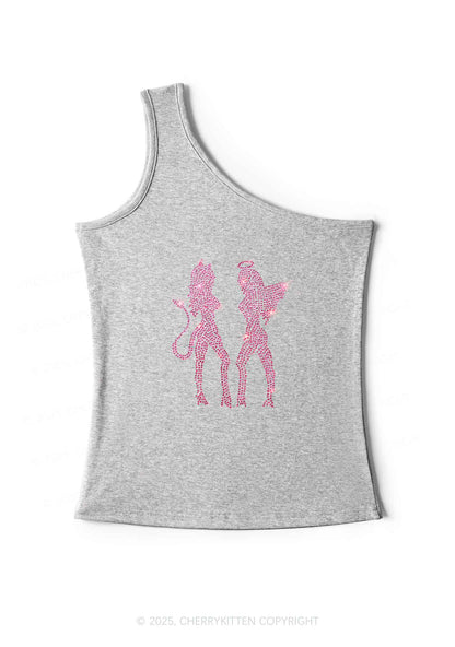 Rhinestone Dancing Girls Y2K One Shoulder Tank Top Cherrykitten