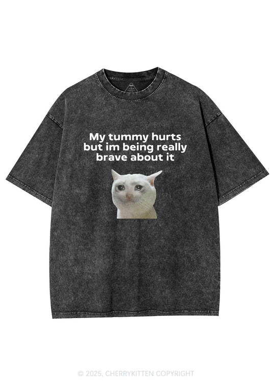 Cat Tummy Hurts Y2K Shirts Washed Tee Cherrykitten