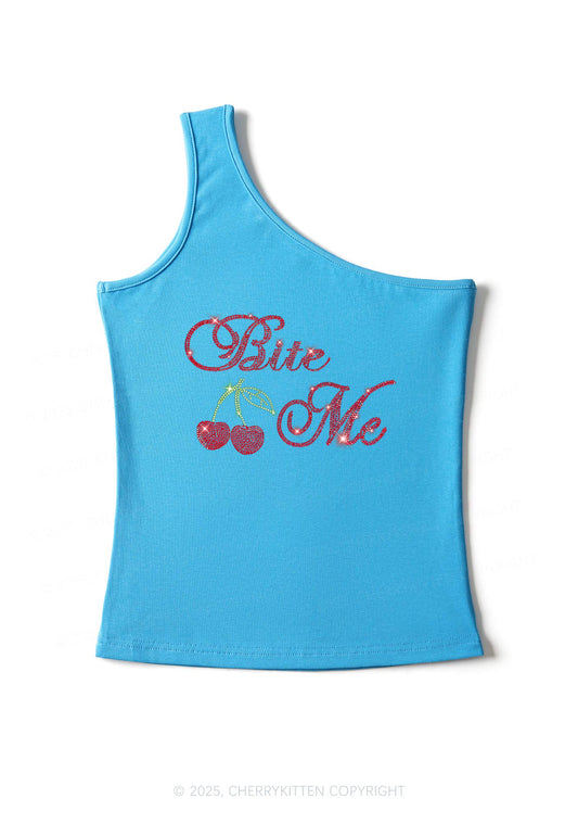 Rhinestone Red Cherry Bite Me Y2K One Shoulder Tank Top Cherrykitten