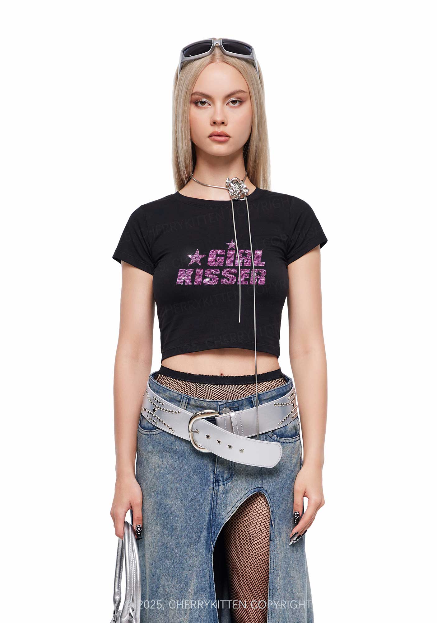 Rhinestone Girl kisser Pride Y2K Baby Tee Cherrykitten