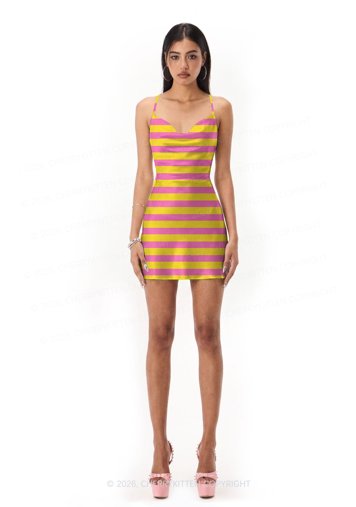 Pink And Yellow Stripes Y2K Print Satin Cowl Neck Slip Dress Cherrykitten