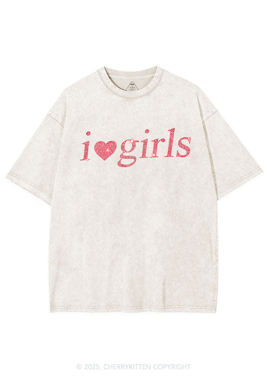 Rhinestone I Love Girls Y2K Shirts Washed Tee Cherrykitten