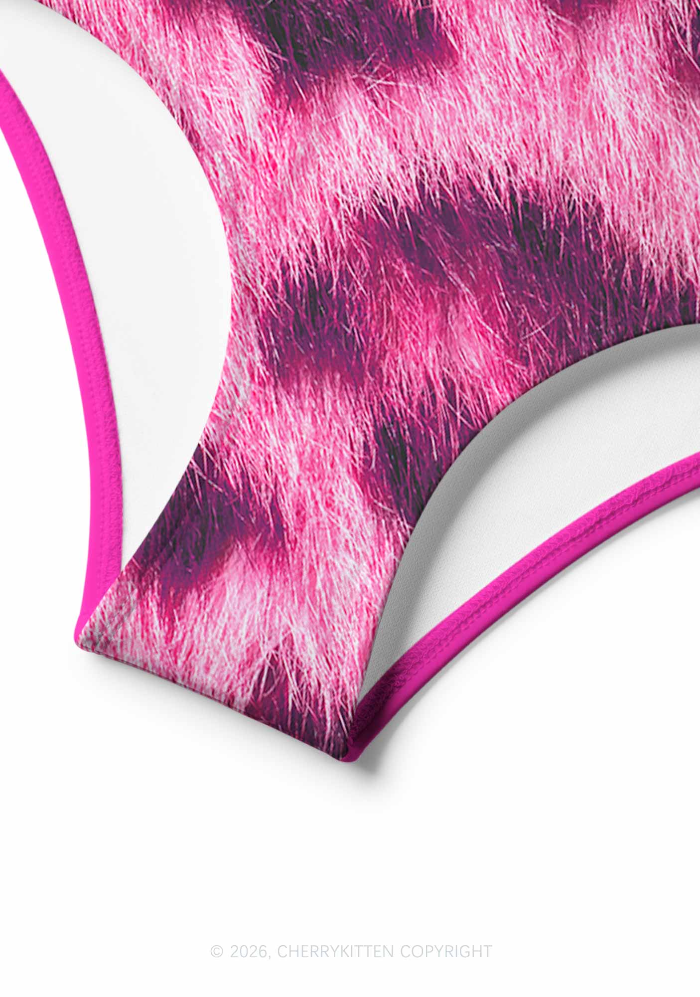 Hot Pink Fuzzy Leopard Y2K Print Bikini Set Cherrykitten