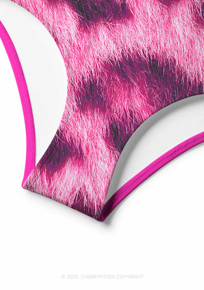 Hot Pink Fuzzy Leopard Y2K Print Bikini Set Cherrykitten
