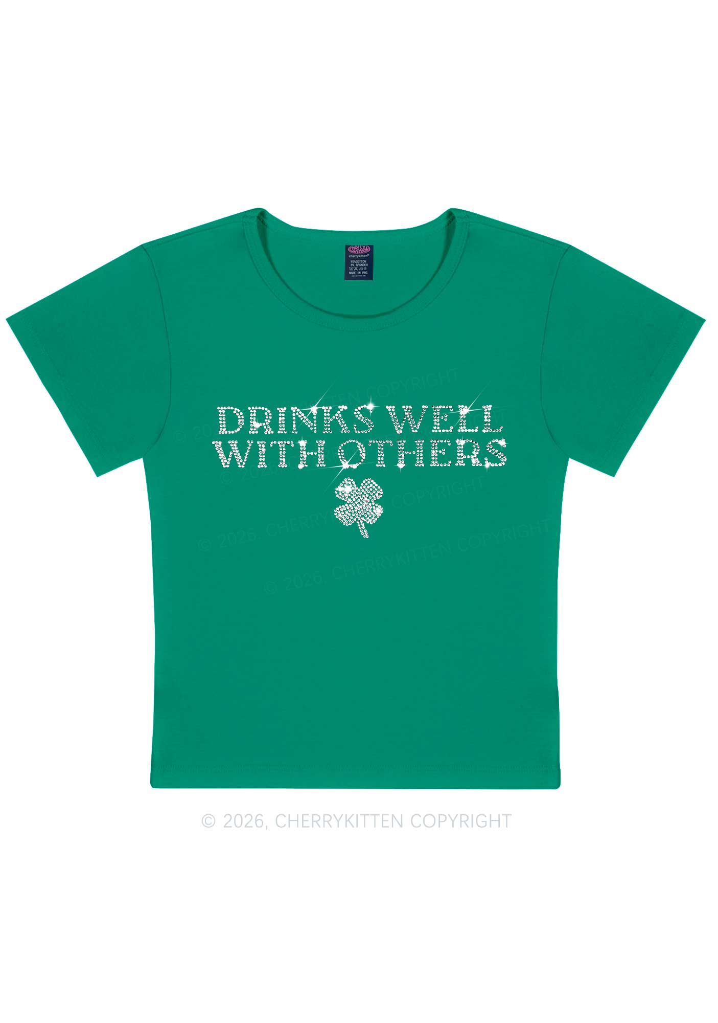 Rhinestone Drinks Well With Others St Patricks Y2K Baby Tee Cherrykitten