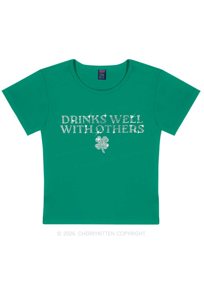 Rhinestone Drinks Well With Others St Patricks Y2K Baby Tee Cherrykitten