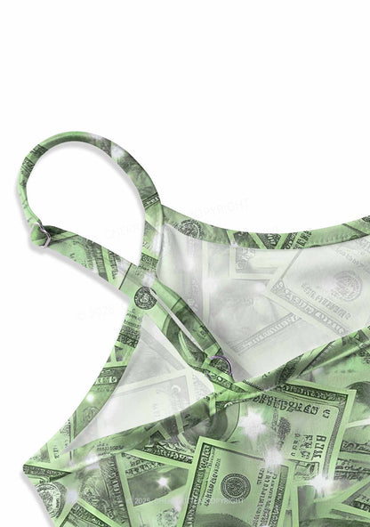 Green Shiny Money Y2K Print Slip Dress Cherrykitten