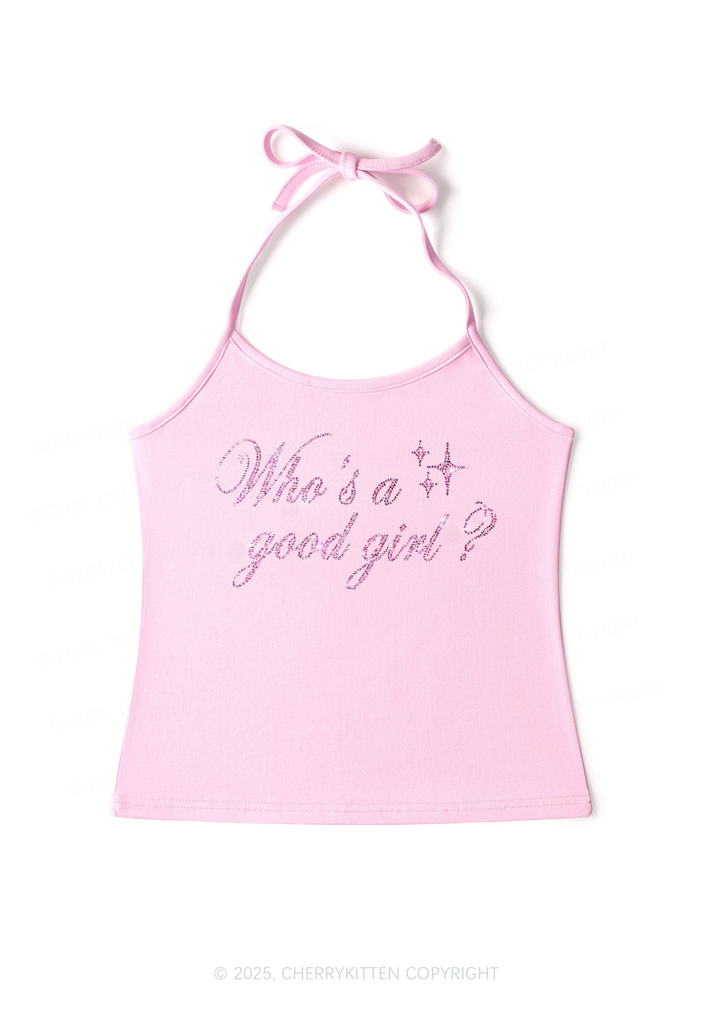 Rhinestone Whos A Good Girl Y2K Halter Neck Cami Cherrykitten