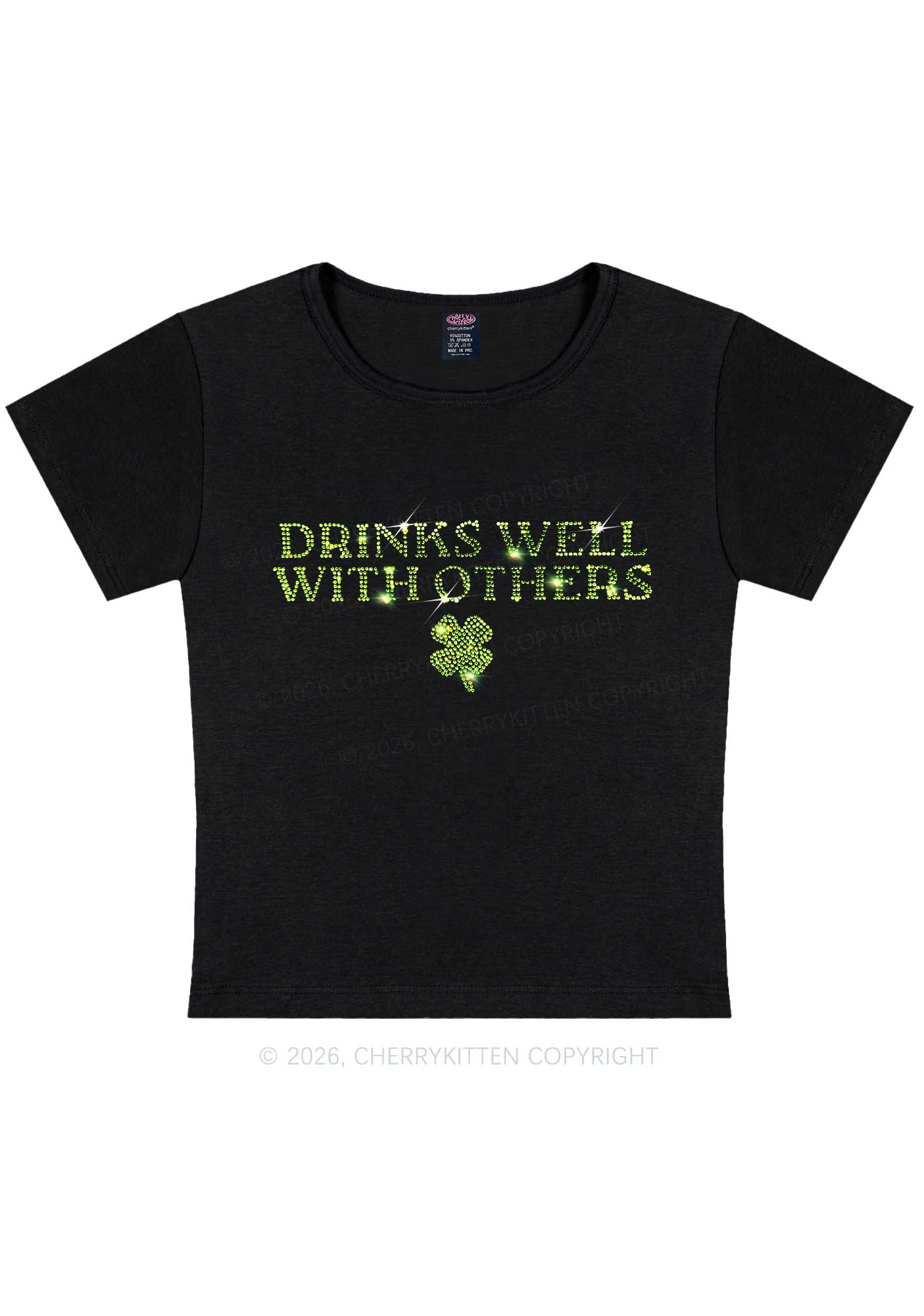 Rhinestone Drinks Well With Others St Patricks Y2K Baby Tee Cherrykitten