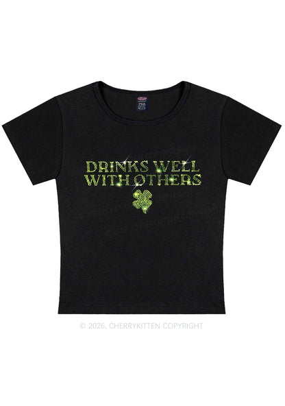 Rhinestone Drinks Well With Others St Patricks Y2K Baby Tee Cherrykitten