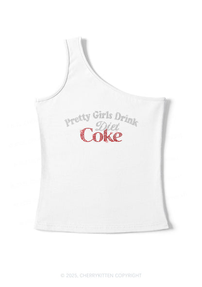 Rhinestone Pretty Girls Drink Diet Coke Y2K One Shoulder Tank Top Cherrykitten