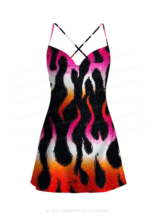 Lesbian Flame Pride Y2K Print Satin Cowl Neck Slip Dress Cherrykitten