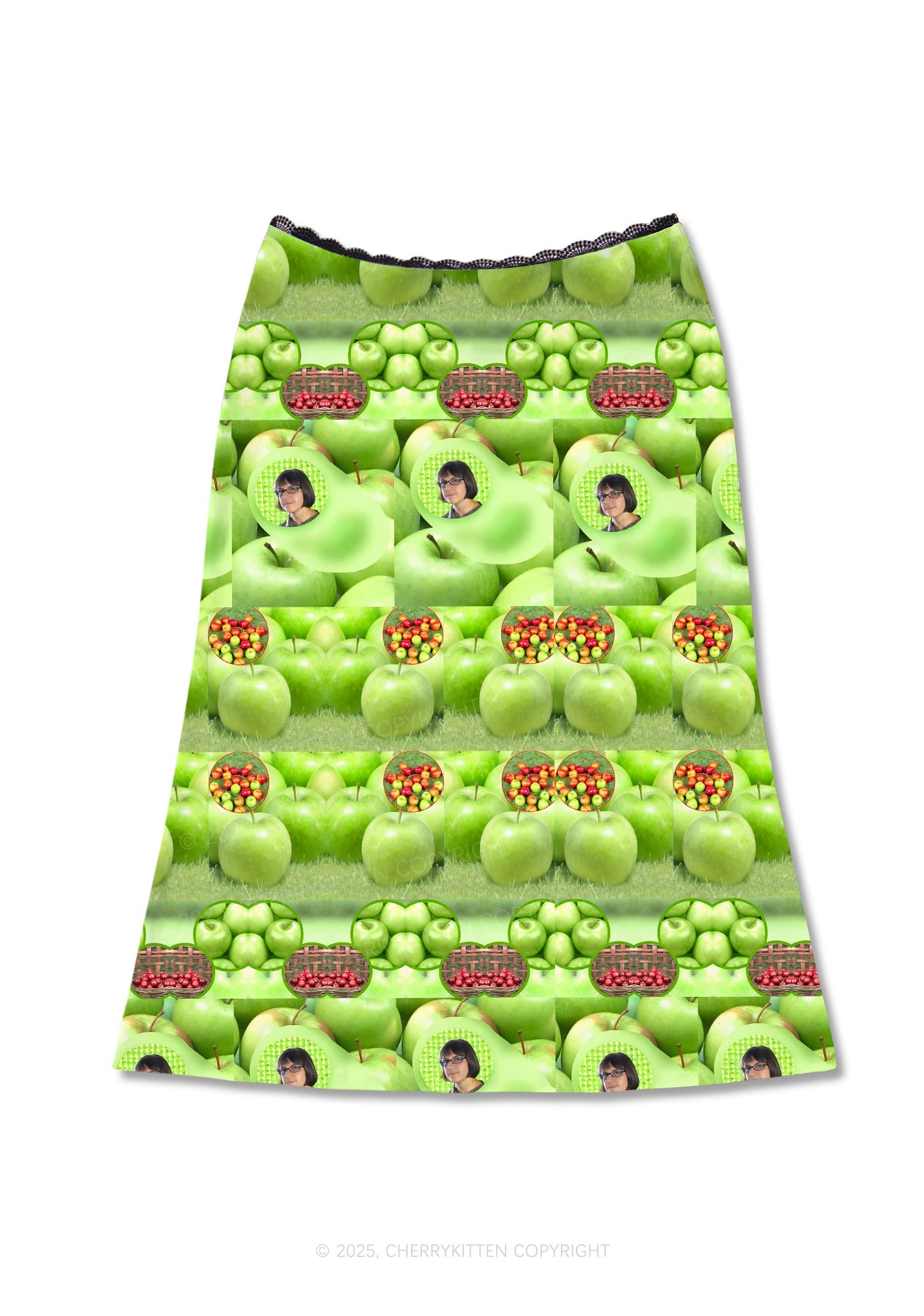 Green Apple Y2K Print Midi Skirt Cherrykitten