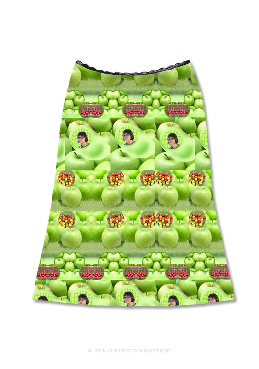 Green Apple Y2K Print Midi Skirt Cherrykitten