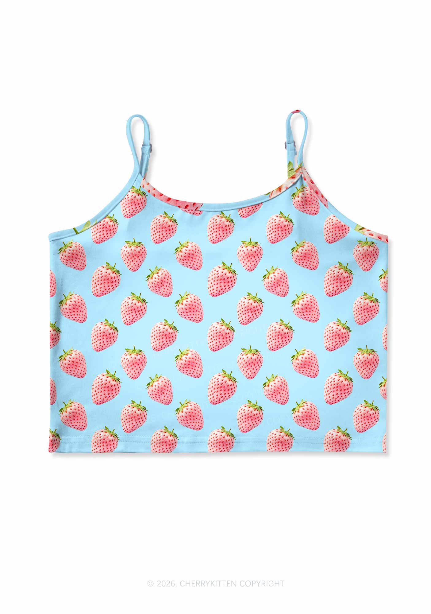Pastel Pink Strawberry Y2K Print Cami Crop Top Cherrykitten