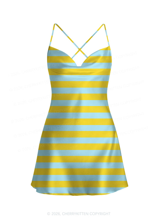 Blue And Yellow Stripes Y2K Print Satin Cowl Neck Slip Dress Cherrykitten