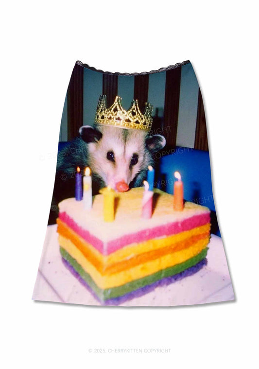 Birthday Possum Y2K Print Midi Skirt Cherrykitten