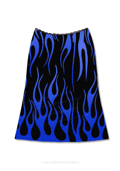 Royal Blue Flame Y2K Print Midi Skirt Cherrykitten