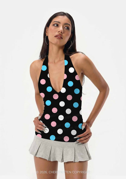 Trans Dots On Black Pride Y2K Print Halter Deep V Neck Cami Cherrykitten
