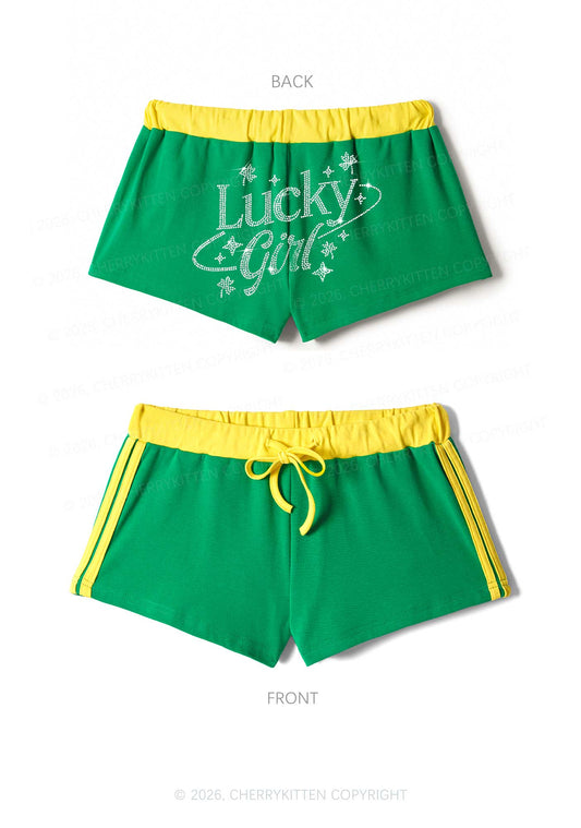 Rhinestone Lucky Girl St Patricks Y2K Drawstring Mini Shorts Cherrykitten